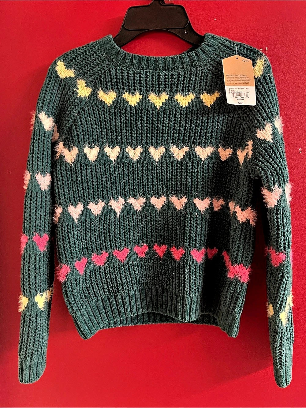 Thereabouts Green Hearts Sweater Green & Pink Medium size 10-12 girls NEW
